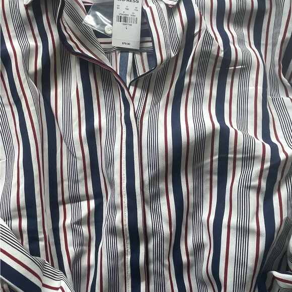 Express Women’s Portofino Shirt Dress, Size L, Blue & Burgundy Stripe. - Picture 3 of 6